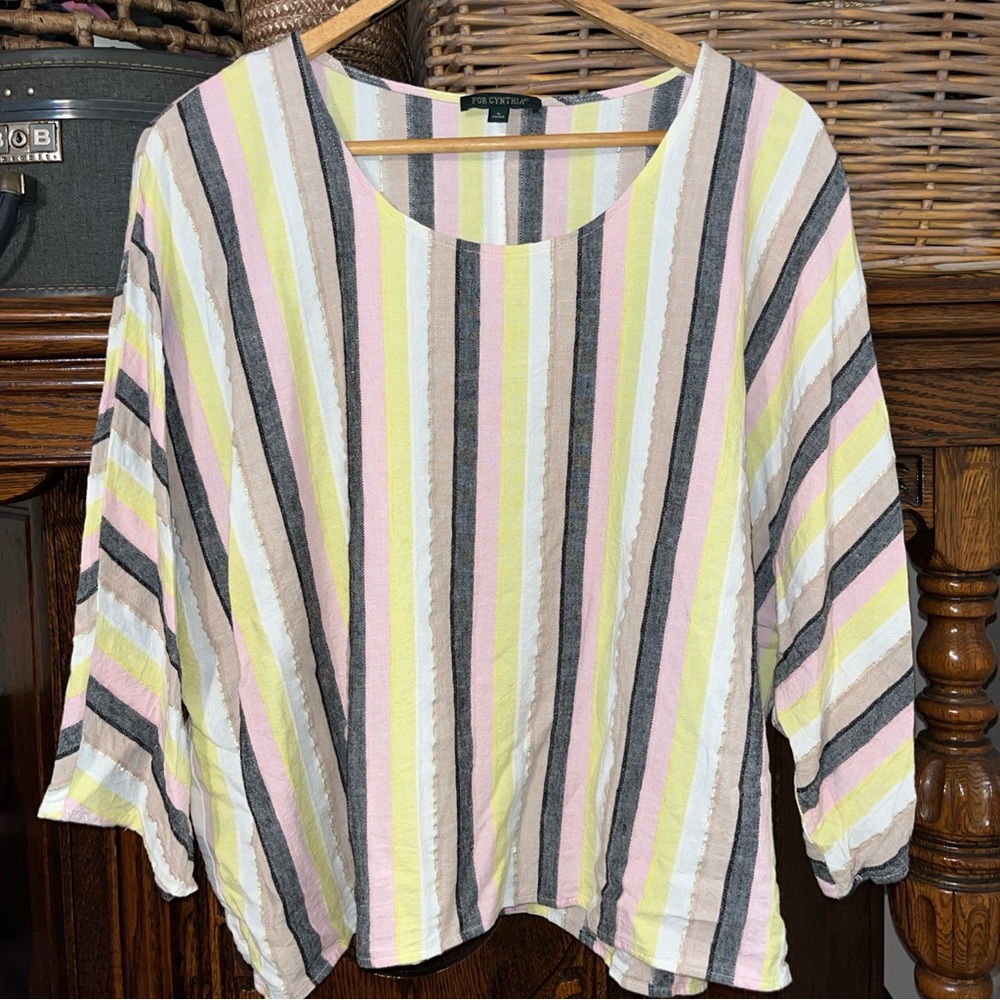 For Cynthia Pastel Vertical Stripe Scoop Neck Blouse dolman sleeves